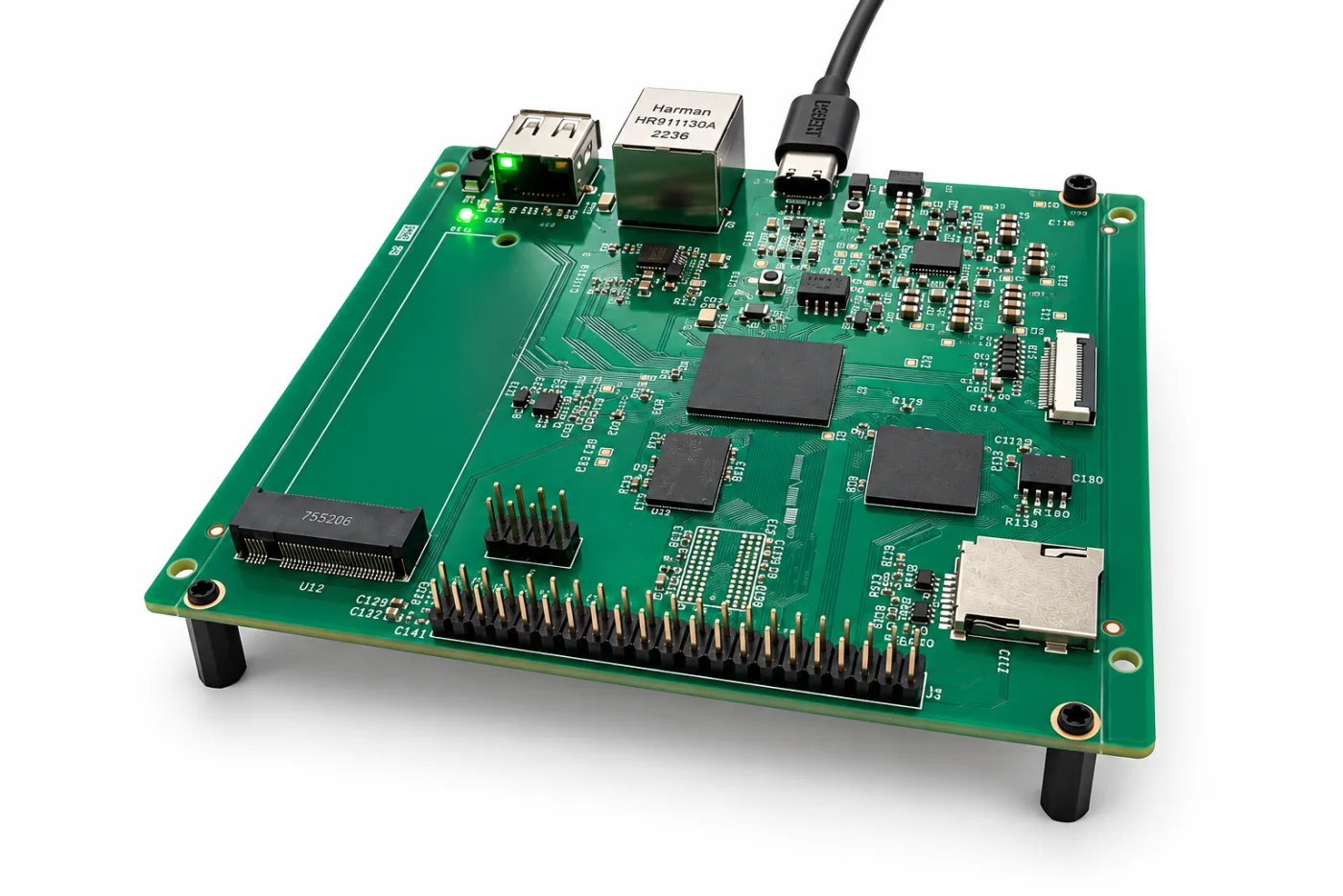 The AI Vision evaluation board at an angle: an expansion slot on the left, Ethernet, USB-A and USB-C along the back edge, a MIPI camera connector on the right and a pin header along the front