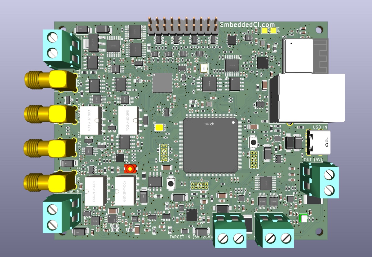 The v2 BenchPod: four SMA analog inputs, the 144-pin STM32H563 at center, the Ethernet jack and ESP32 Wi-Fi module on the right