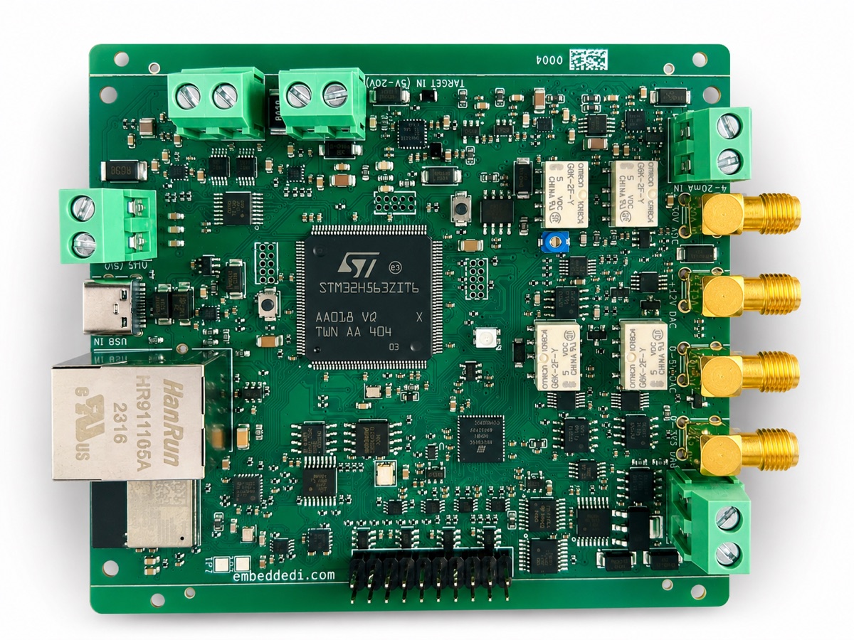 The v2 BenchPod: four SMA analog inputs, the 144-pin STM32H563 at center, the Ethernet jack and ESP32 Wi-Fi module on the right