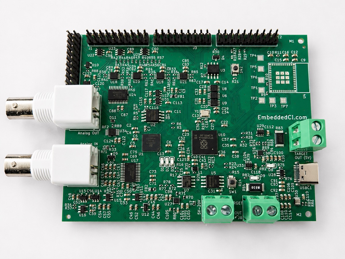 The v1 BenchPod validation board, with BNC analog connectors and the iCE40 + RP2350 layout
