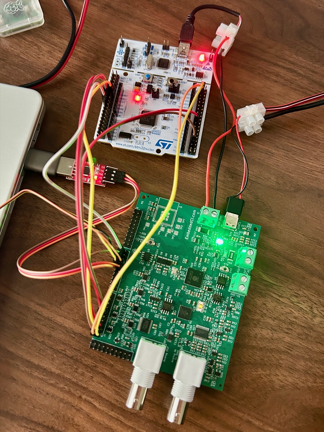 A BenchPod driving a development board, the same setup a CI job reaches over the cloud