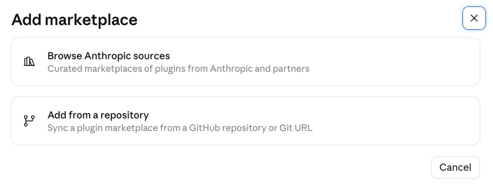Claude app Add marketplace dialog with Browse Anthropic sources and Add from a repository