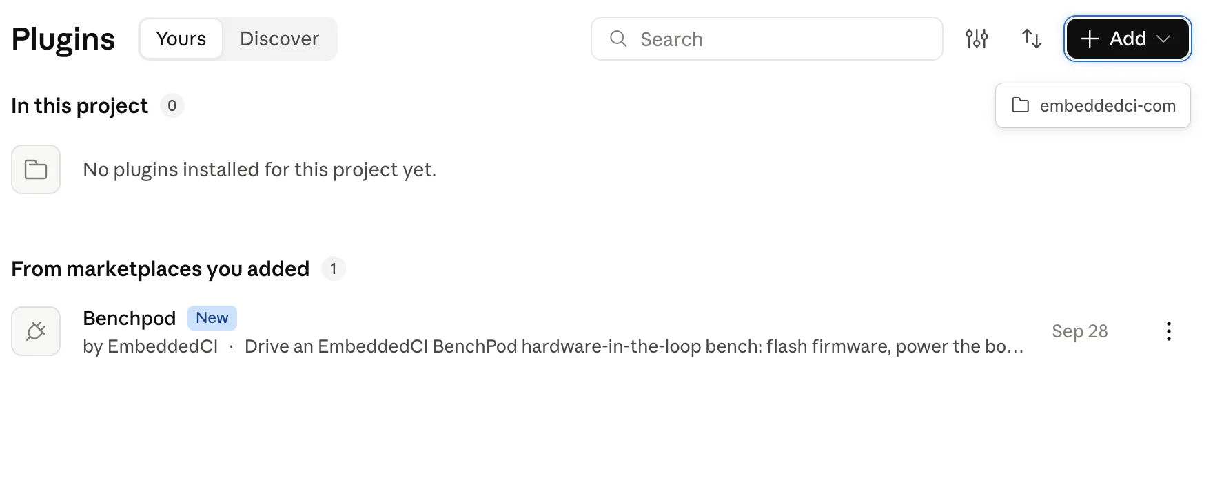 Claude app Settings, Plugins page listing Benchpod under From marketplaces you added