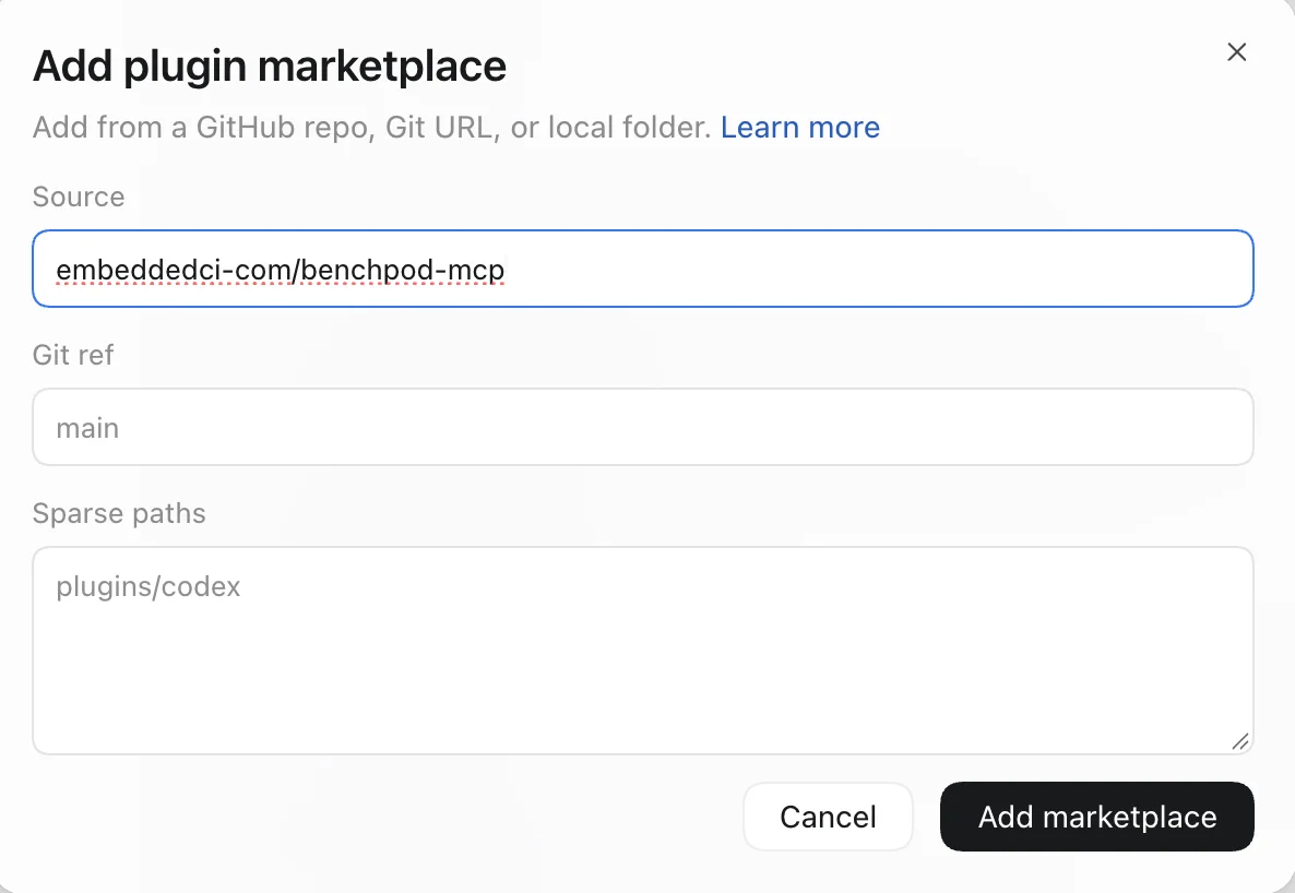 Codex Add plugin marketplace dialog with embeddedci-com/benchpod-mcp as the Source