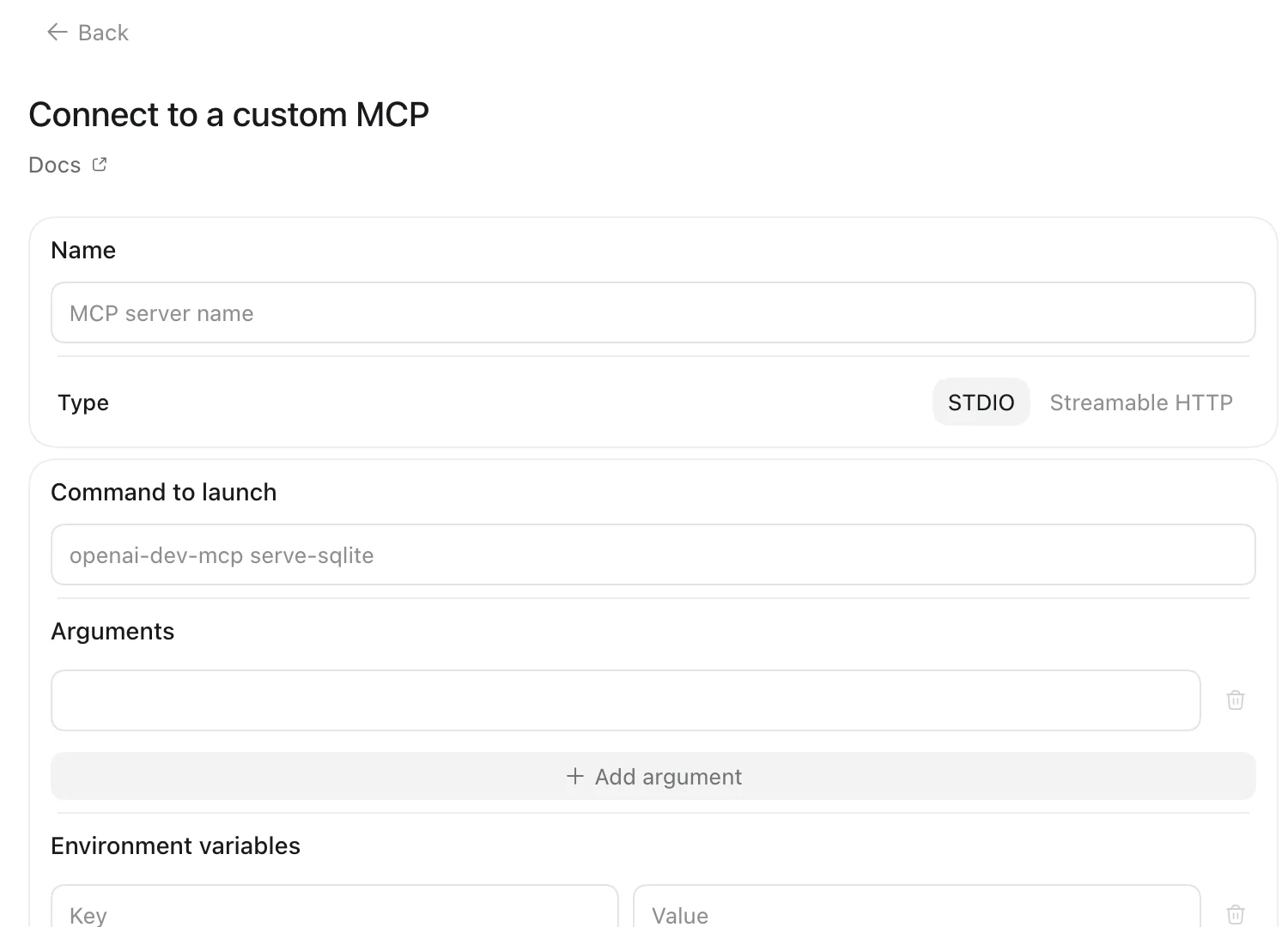 Codex Connect to a custom MCP form with Name, Type, Command to launch, Arguments and Environment variables