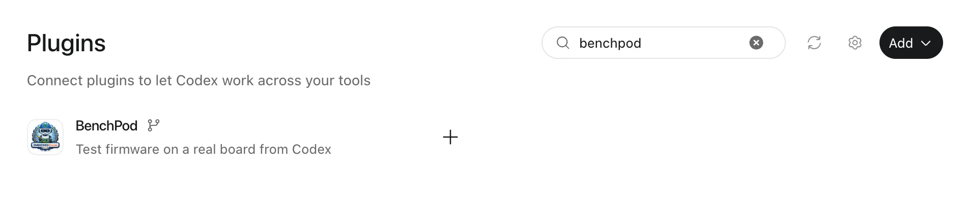 Codex Plugins page searched for benchpod, with a plus button next to BenchPod