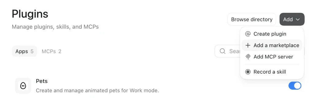 Codex Settings, Plugins page, with the Add menu open on Add a marketplace