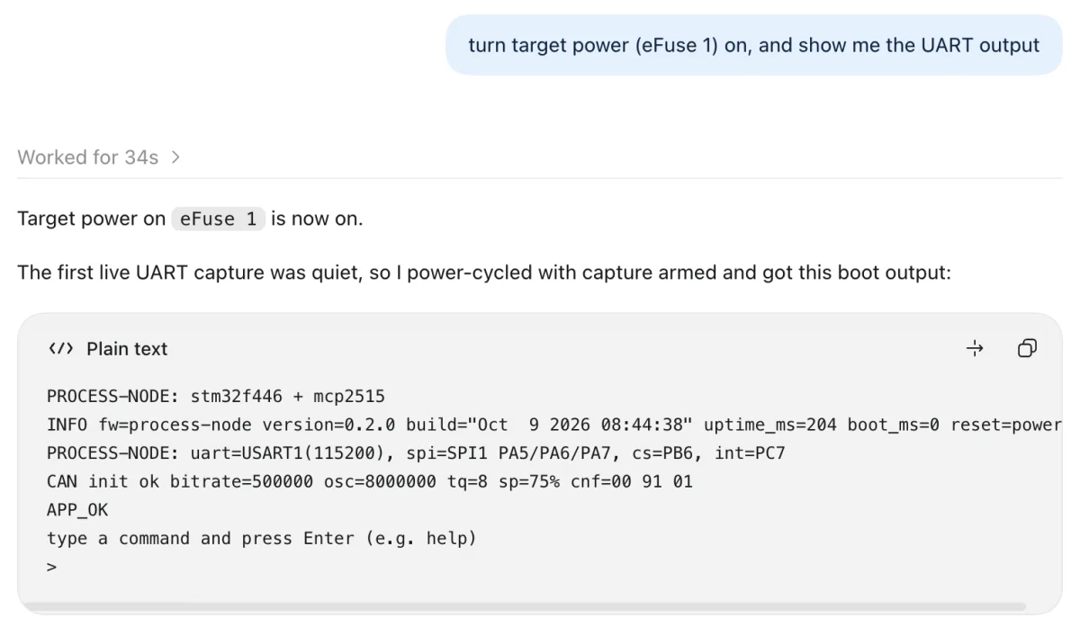 Codex chat: asked to turn on target power and show the UART output, it power-cycles the board and shows the boot log ending in APP_OK