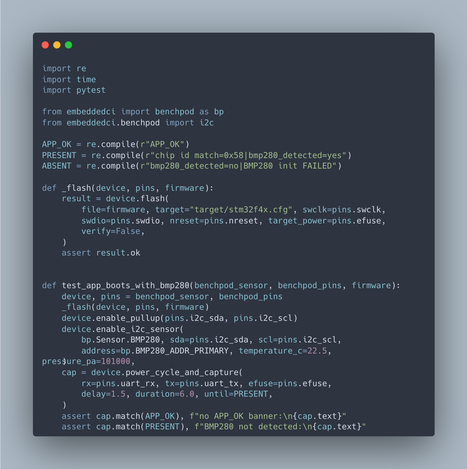 Python test code exercising hardware through the embeddedci SDK