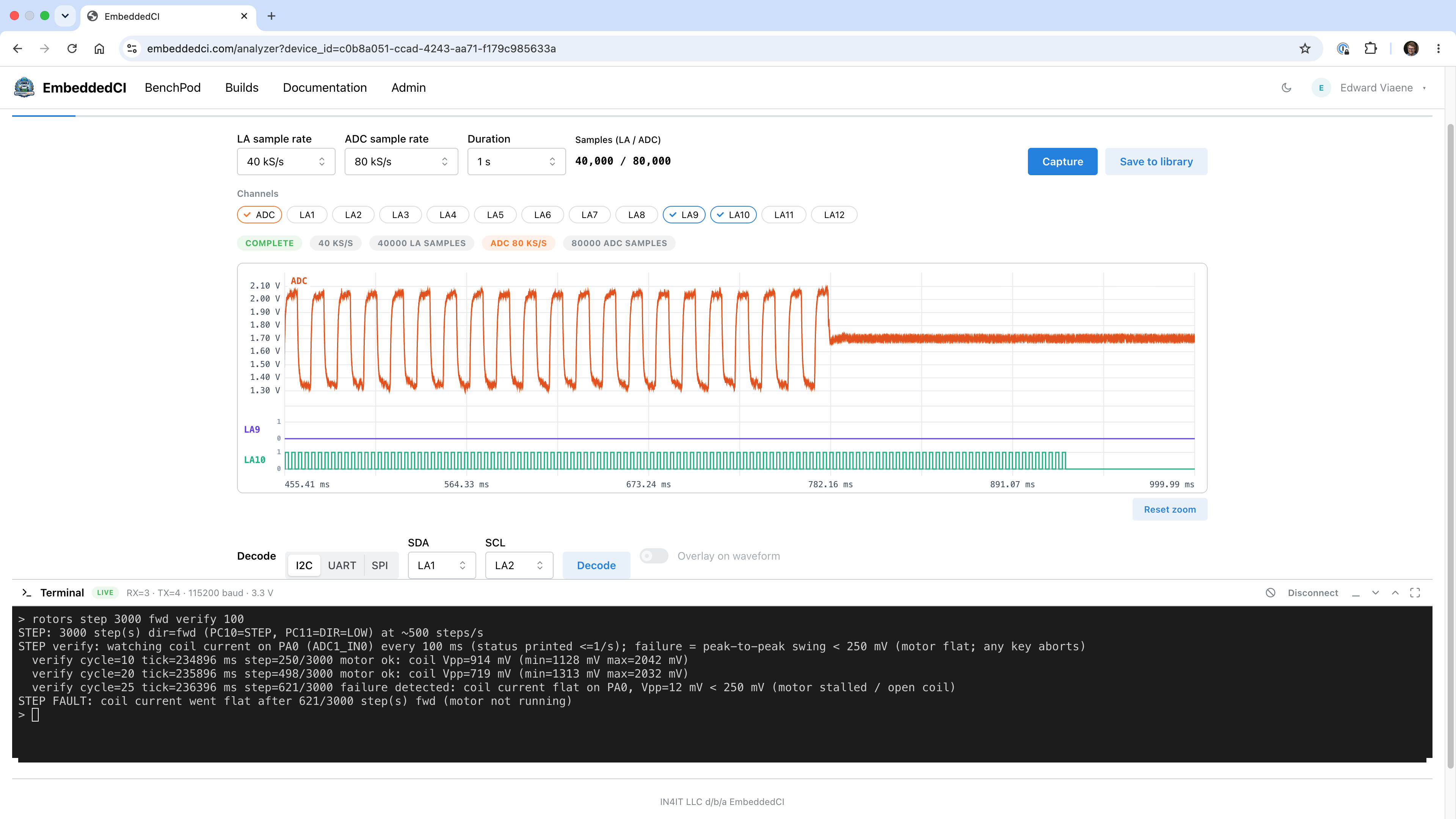 Loss of power caught by the firmware: the coil current (orange) steps normally, then clamps to a flat voltage the instant power is lost — the STEP pulses on the logic lane were still firing until the firmware called STEP FAULT